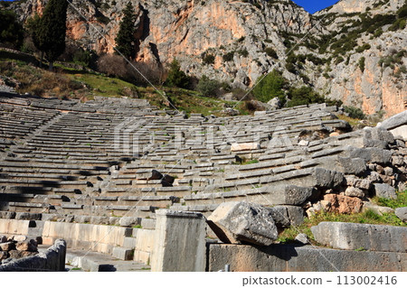 Temple of Apollo and ancient ruins in Delphi, Greece, a world heritage site 113002416
