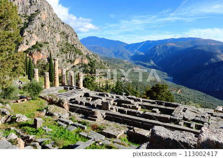 Temple of Apollo and ancient ruins in Delphi, Greece, a world heritage site 113002417