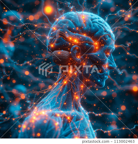 Activity of neurons and synapses. Neural connections in the brain, axons. Electrical impulses transmitting signals - AI generated image Activity of neurons and synapses. Neural connections in the brain, axons. Electrical impulses transmitting signals - AI generated image 113002463