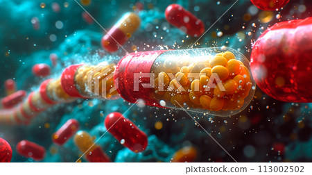 Pharmaceutical drug, medicine in health container. Pharmacy theme, capsule tablets antibiotics - AI generated image 113002502