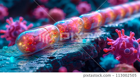 Pharmaceutical drug, medicine in health container. Pharmacy theme, capsule tablets antibiotics - AI generated image 113002505