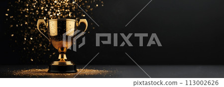 Sparkles black background with a winners cup. Champion golden trophy on black background. Concept of success and achievement. 113002626