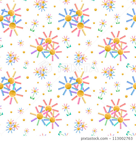 Flowers built from wooden bricks. Watercolor seamless pattern of cute kid toys. Multicolored wood plants. Hand painted illustration isolated on white background. For print, poster, fabric, package. 113002763