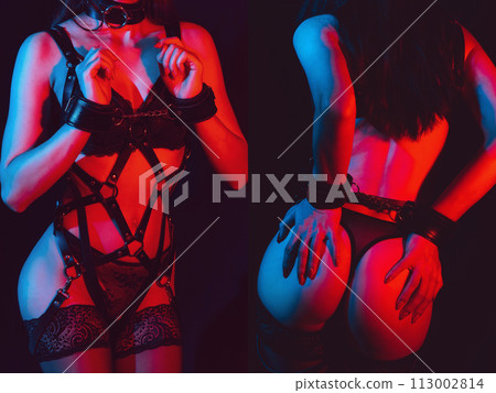 submissive woman bottom slave girl with sexy body and ass with handcuffed for BDSM sex with dominance and submission in lingerie 113002814