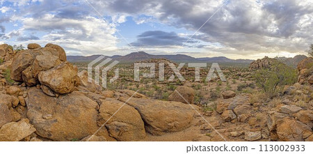 Panoramic picture of Damaraland in Namibia under a cloudy sky during the day 113002933
