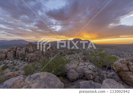 Panoramic picture of Damaraland in Namibia during sunset 113002942