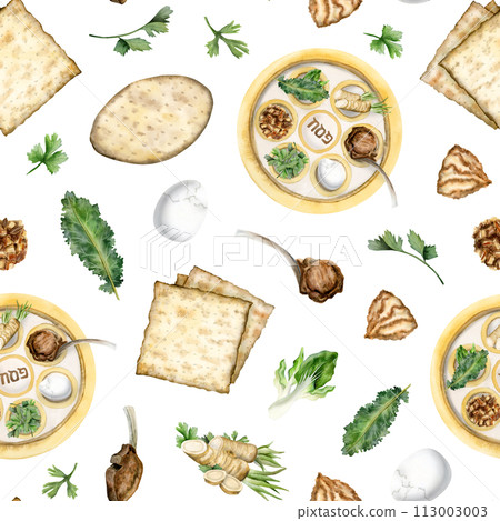 Passover traditional kosher food with seder plate watercolor seamless pattern on white with matzos for Jewish holiday designs, wrapping paper and tablecloths 113003003