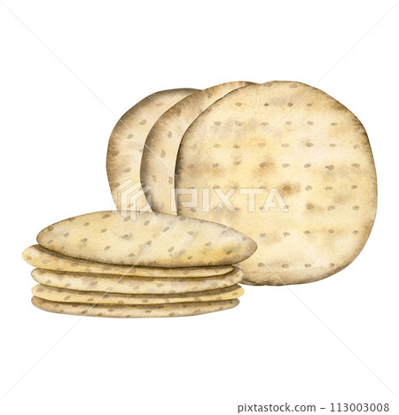 Round Passover matzah bread in stacks watercolor illustration isolated on white background. Traditional Pesach kosher food, hand drawn Jewish matzos for holiday designs 113003008
