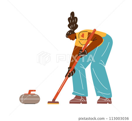 Curling sport game player with curling stone and broom, vector cartoon sportswoman glides brush with precision 113003036