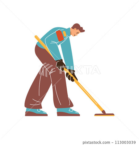 Curling sport game player with curling broom vector flat illustration, cartoon sportsman glides brush with precision 113003039