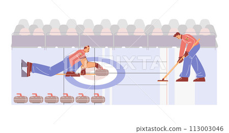 Vector illustration of a curling game with players on an ice stadium. Vector illustration of a curling game with players on an ice stadium. 113003046