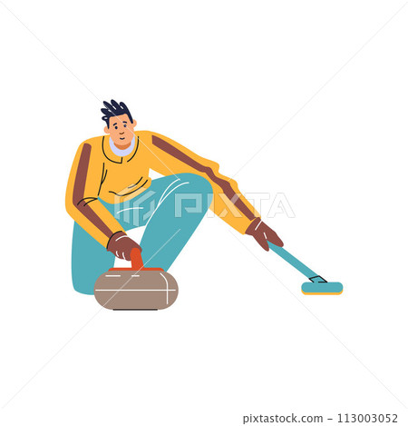 Curling sport game player with curling stone and broom vector flat illustration, cartoon sportsman glides with precision 113003052