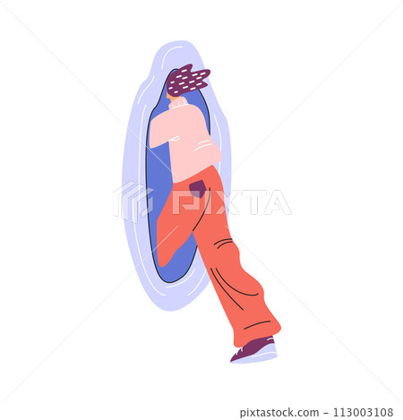 Person goes through portal or teleport, vector cartoon divided body part, woman enters in hole, travel in time dimension Person goes through portal or teleport, vector cartoon divided body part, woman enters in hole, travel in time dimension 113003108