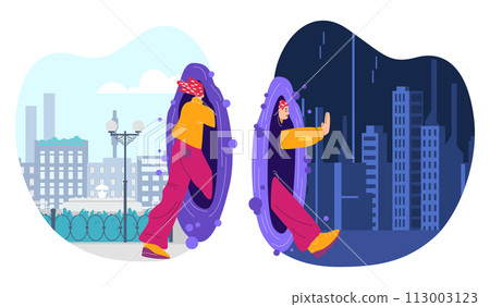 Vector illustration: teleport from daytime to nighttime. 113003123