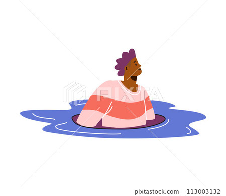 Person goes through portal or teleport, vector cartoon man in magic hole, divided upper body part, travel in dimension 113003132