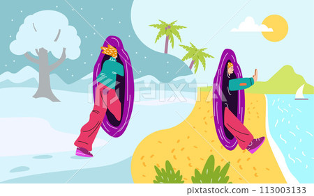 Teleportation of a character from the snow to the sea, fantasy illustration. 113003133