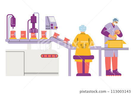 Cosmetics production industry, vector cartoon moving conveyor line with bottles and operator workers, packing in boxes 113003143