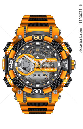 Realistic yellow grey watch clock chronograph sport modern for men on white background vector 113003146