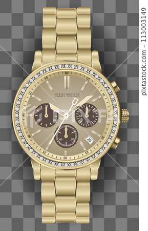Realistic clock chronograph watch for men golden diamond on checkered background luxury vector Realistic clock chronograph watch for men golden diamond on checkered background luxury vector 113003149