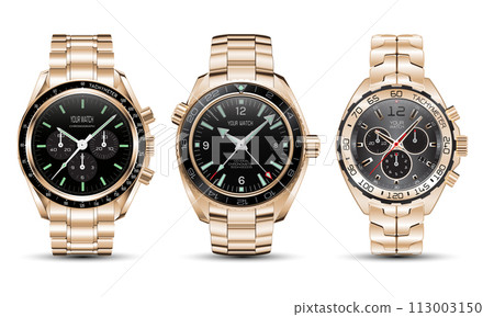Realistic watch chronograph gold black face set collection on white background luxury vector 113003150