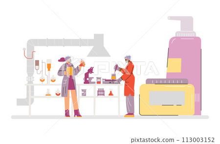 Cosmetics production industry, vector laboratory with scientist or pharmacist creates cosmetic care products process Cosmetics production industry, vector laboratory with scientist or pharmacist creates cosmetic care products process 113003152