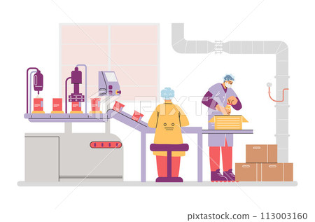 Cosmetics production industry, moving automatic conveyor line with bottles and operator employees vector illustration 113003160