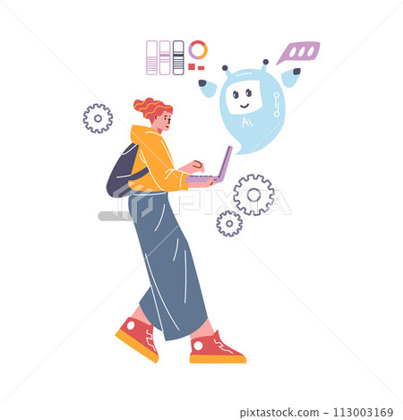 Girl student goes with laptop, study with chat bot while walking, online ai robotic assistance, vector digital education 113003169