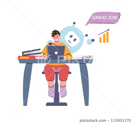 Schoolboy with laptop studying with chat bot, online ai robotic assistance says great job, vector digital education 113003170