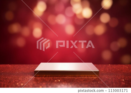 Template with golden bokeh lights and metallic square exhibition stand on red background. AI generated image 113003171