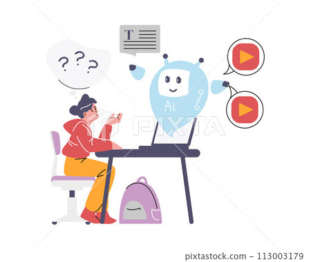 Schoolgirl with laptop studying with chat bot, online ai robotic assistance on the screen, vector digital education 113003179