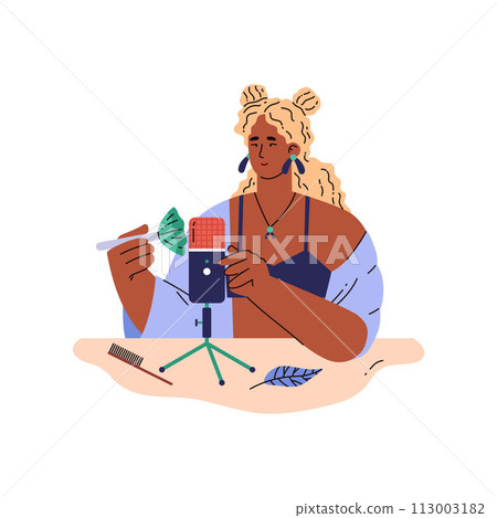 An vector image for creating content for relaxation ASMR: of a young blogger girl with a professional equipment An vector image for creating content for relaxation ASMR: of a young blogger girl with a professional equipment 113003182