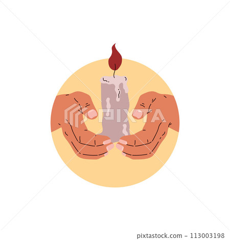 Folded prayer hands with burning candle vector illustration, human praying arm gesture religion symbol icon round frame Folded prayer hands with burning candle vector illustration, human praying arm gesture religion symbol icon round frame 113003198