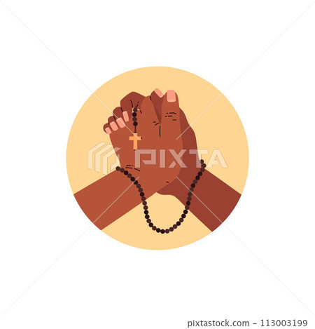 Folded prayer hands with beads and cross vector illustration, human praying arm gesture religion symbol icon round frame Folded prayer hands with beads and cross vector illustration, human praying arm gesture religion symbol icon round frame 113003199