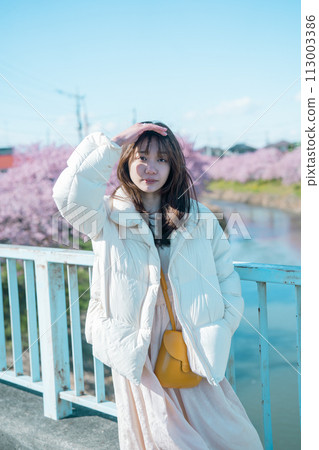 Kawazu cherry blossoms and women 113003386