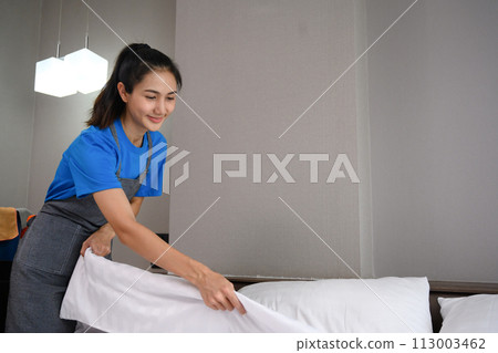 Young woman making bed at home or in hotel room. Housekeeping and cleaning service concept Young woman making bed at home or in hotel room. Housekeeping and cleaning service concept 113003462