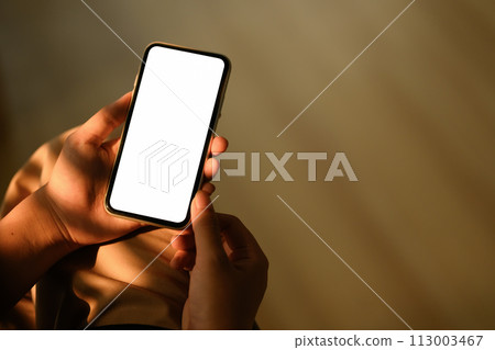 Close up view of woman holding smartphone with empty screen sitting in living room Close up view of woman holding smartphone with empty screen sitting in living room 113003467
