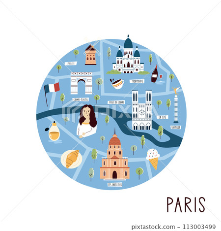 Colorful illustrated cartoon map of Paris, France with famous places, landmarks, symbols 113003499