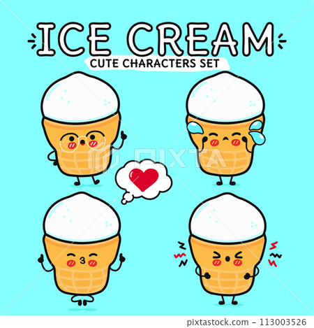 Funny cute happy Ice cream characters bundle set. Vector hand drawn doodle style cartoon character illustration. Isolated on blue background. Ice cream sundae mascot character collection Funny cute happy Ice cream characters bundle set. Vector hand drawn doodle style cartoon character illustration. Isolated on blue background. Ice cream sundae mascot character collection 113003526