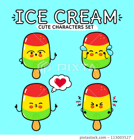 Funny cute happy Ice cream characters bundle set. Vector hand drawn doodle style cartoon character illustration. Isolated on blue background. Ice cream sundae mascot character collection Funny cute happy Ice cream characters bundle set. Vector hand drawn doodle style cartoon character illustration. Isolated on blue background. Ice cream sundae mascot character collection 113003527