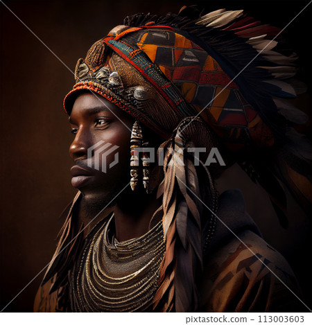Portrait realistic graphics of an African man with strong facial features in national clothes - AI generated image 113003603