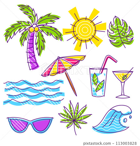 Set of summer items. Stylized beach objects. 113003828