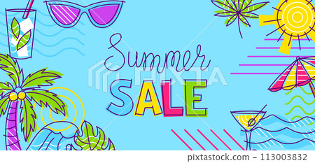 Background with summer items. Stylized beach objects. 113003832