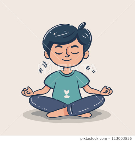 A young man is sitting cross legged in a lotus position with his hands on his knees. He is smiling and he is in a peaceful and relaxed state A young man is sitting cross legged in a lotus position with his hands on his knees. He is smiling and he is in a peaceful and relaxed state 113003836