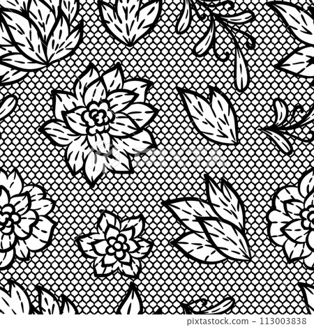 Lace pattern with flowers. Embroidery handmade decoration. 113003838