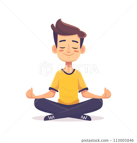 A young man is sitting cross legged in a lotus position with his hands on his knees. He is smiling and he is in a peaceful and relaxed state 113003846