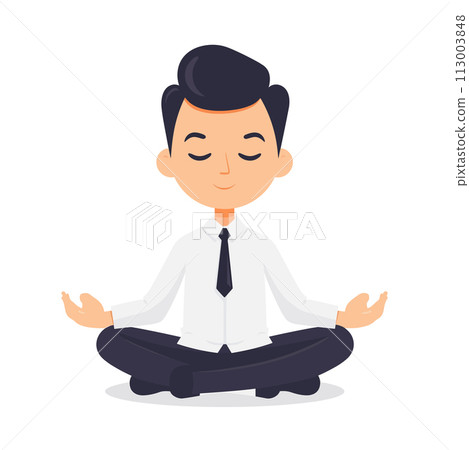 A young man is sitting cross legged in a lotus position with his hands on his knees. He is smiling and he is in a peaceful and relaxed state 113003848