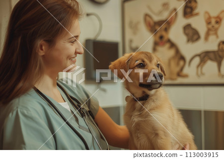 Female veterinarian examining a dog Female veterinarian examining a dog 113003915