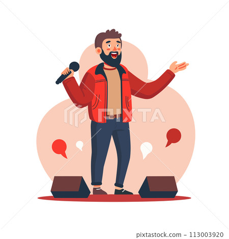 Man performing on stage with stand-up Man performing on stage with stand-up 113003920