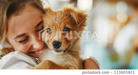 Female veterinarian in a white coat holding puppy in arms 113003921
