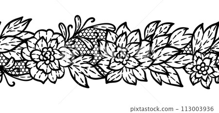 Lace pattern with flowers. Embroidery handmade decoration. 113003936